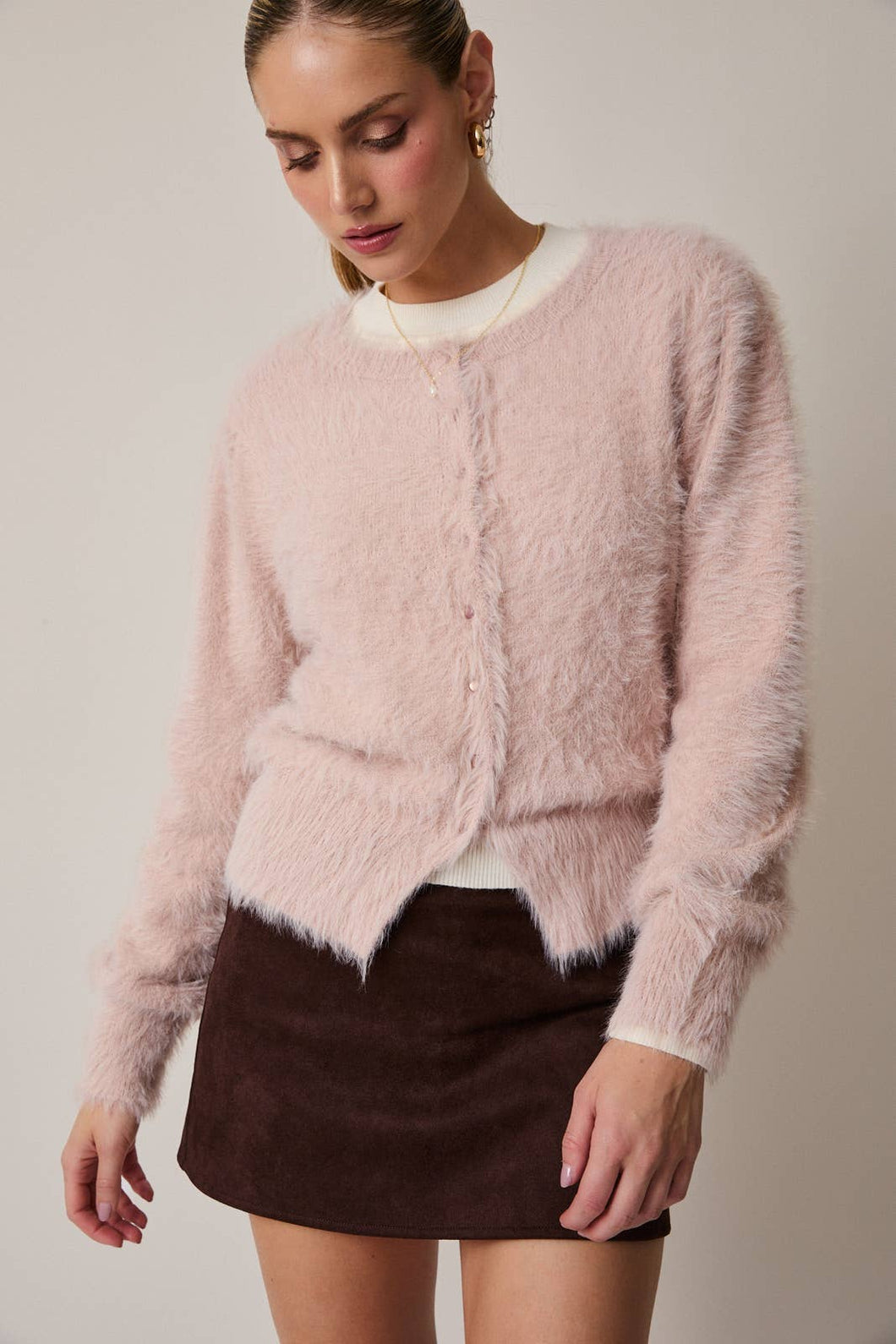 Fuzzy Cardigan Dusty Pink