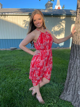 Load image into Gallery viewer, Red Floral Asymmetrical Halter Dress
