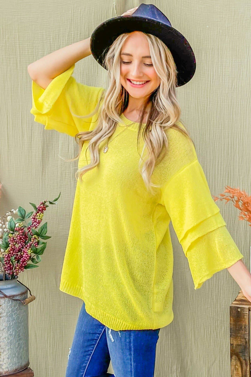 Citron Layered Sleeve Round Knit Top