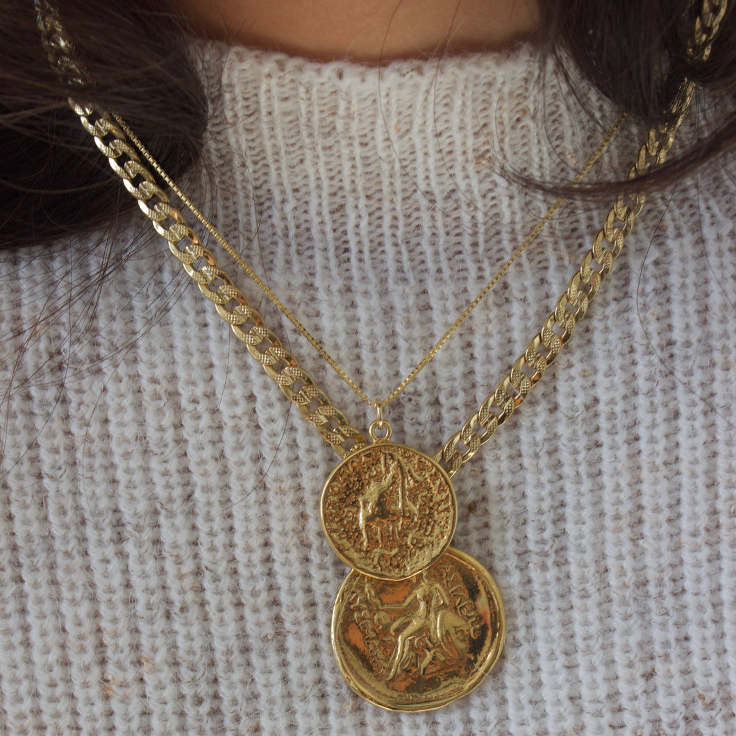 KW Signature Large Greek Two Sided Coin & Textured Chain -24KTP