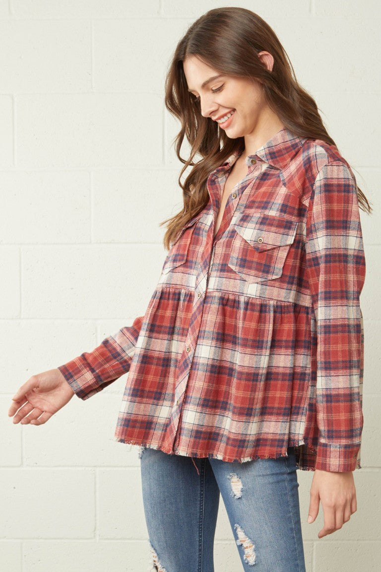 Peplum Plaid Button-up